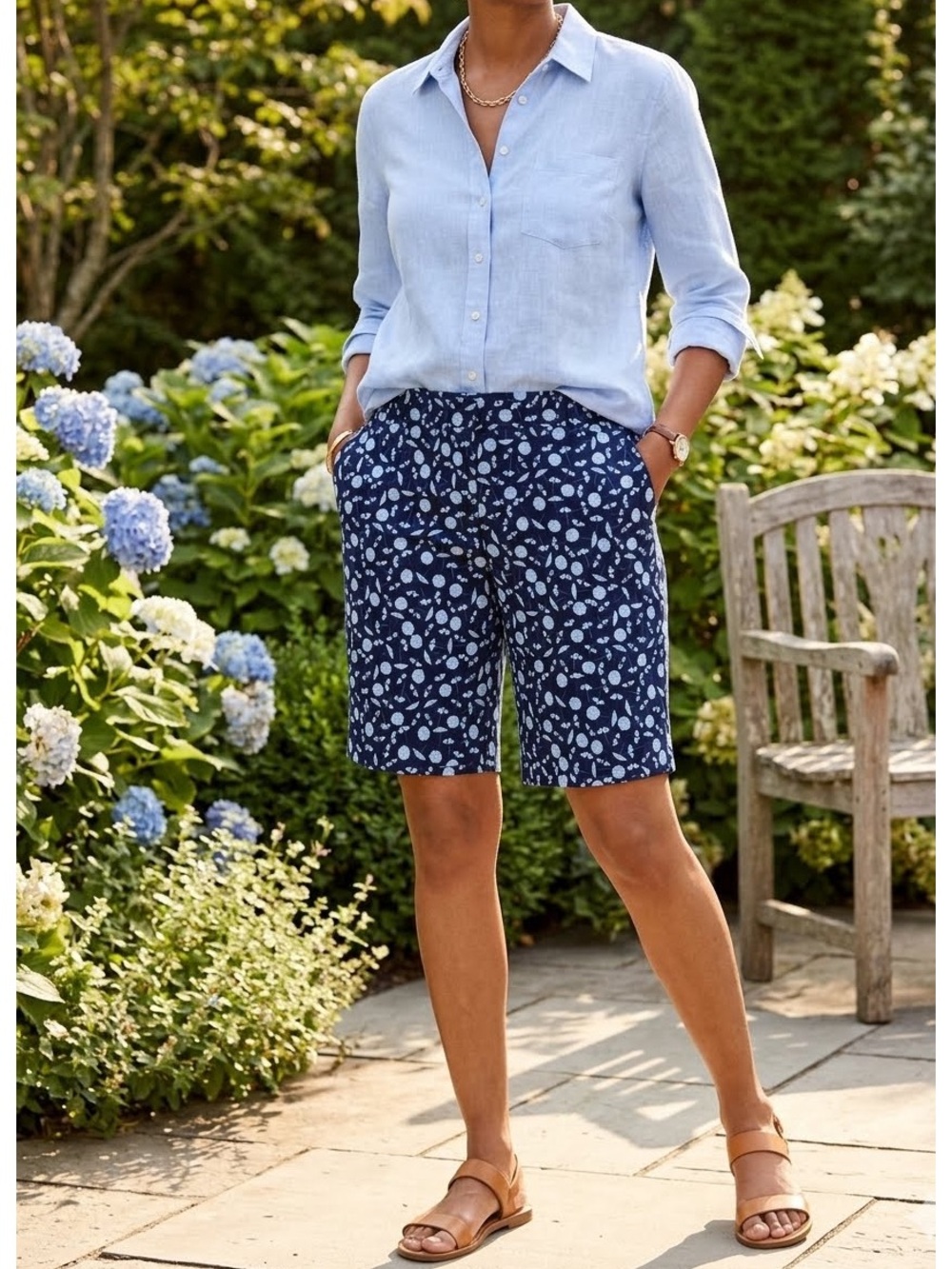 NWT Talbots 10 1/2” Beach Umbrella Print Blue Shorts Size 14 Grandmillenial
